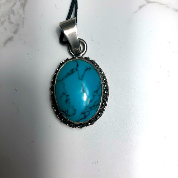 Vintage 925 Sterling Silver Chunky Turquoise Pendant Mexico - Picture 3 of 4